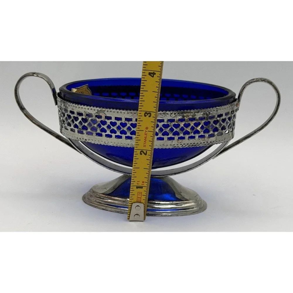 Sugar Bowl England Cobalt Blue Glass w/ Metal Holder Handles New w/ Wear